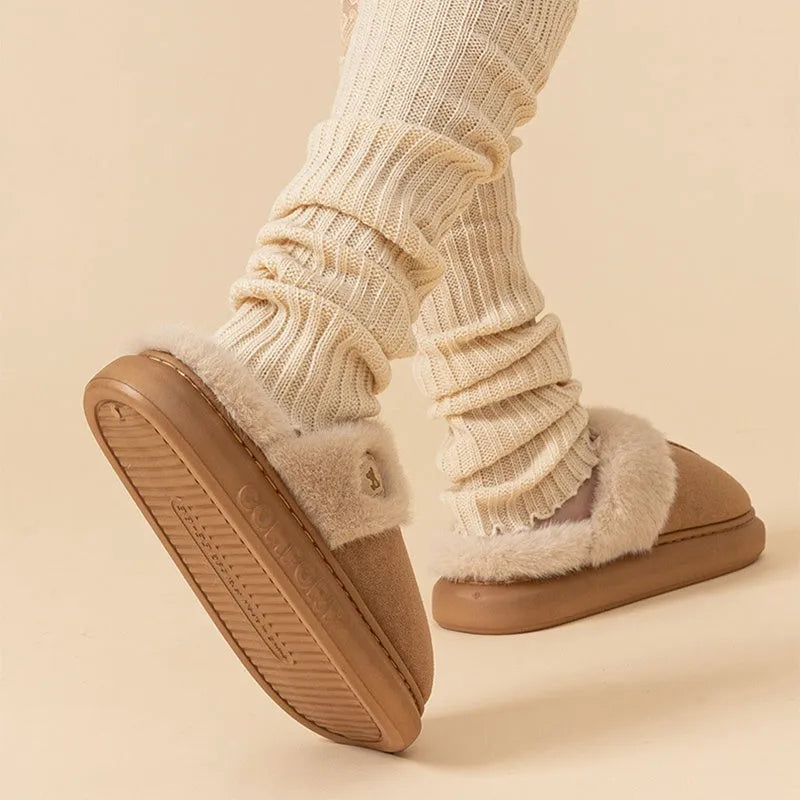 Thick-soled fleece winter slippers in various colours with decorative car stitching