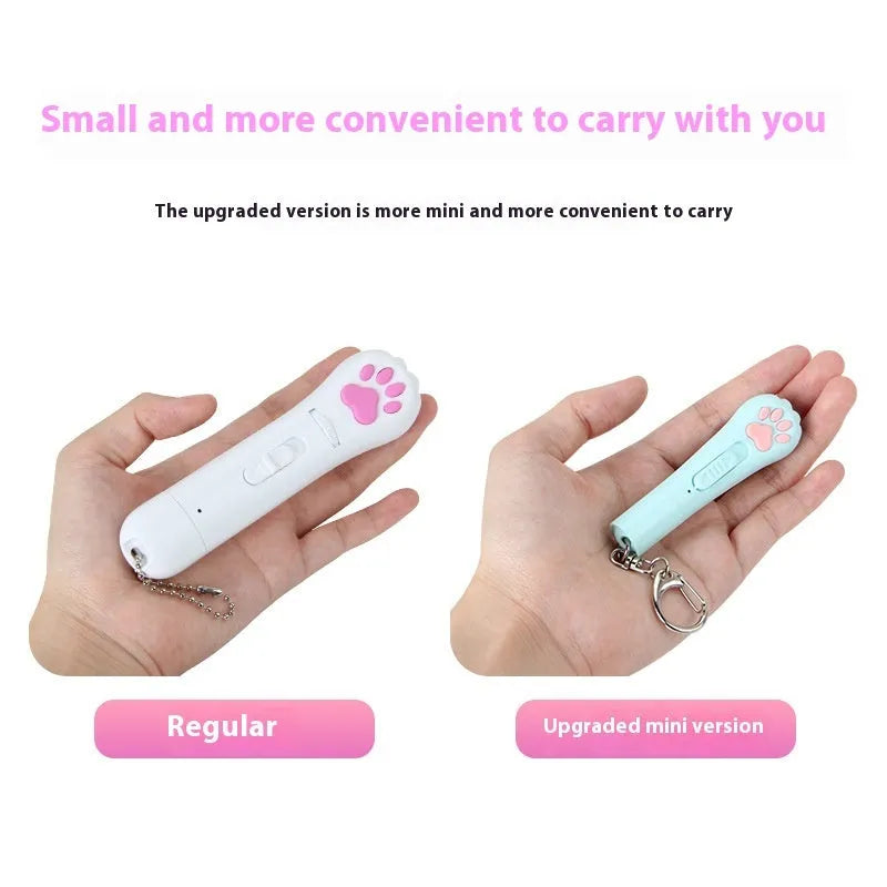 Rechargeable infrared cat teasing stick with laser patterns, shown in blue colour with cat footprints design.
