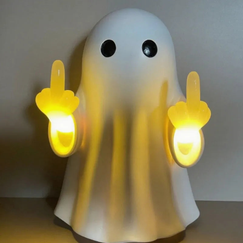 White plastic ghost statue night lamp with LED illumination for Halloween decor measuring 19.85cm tall