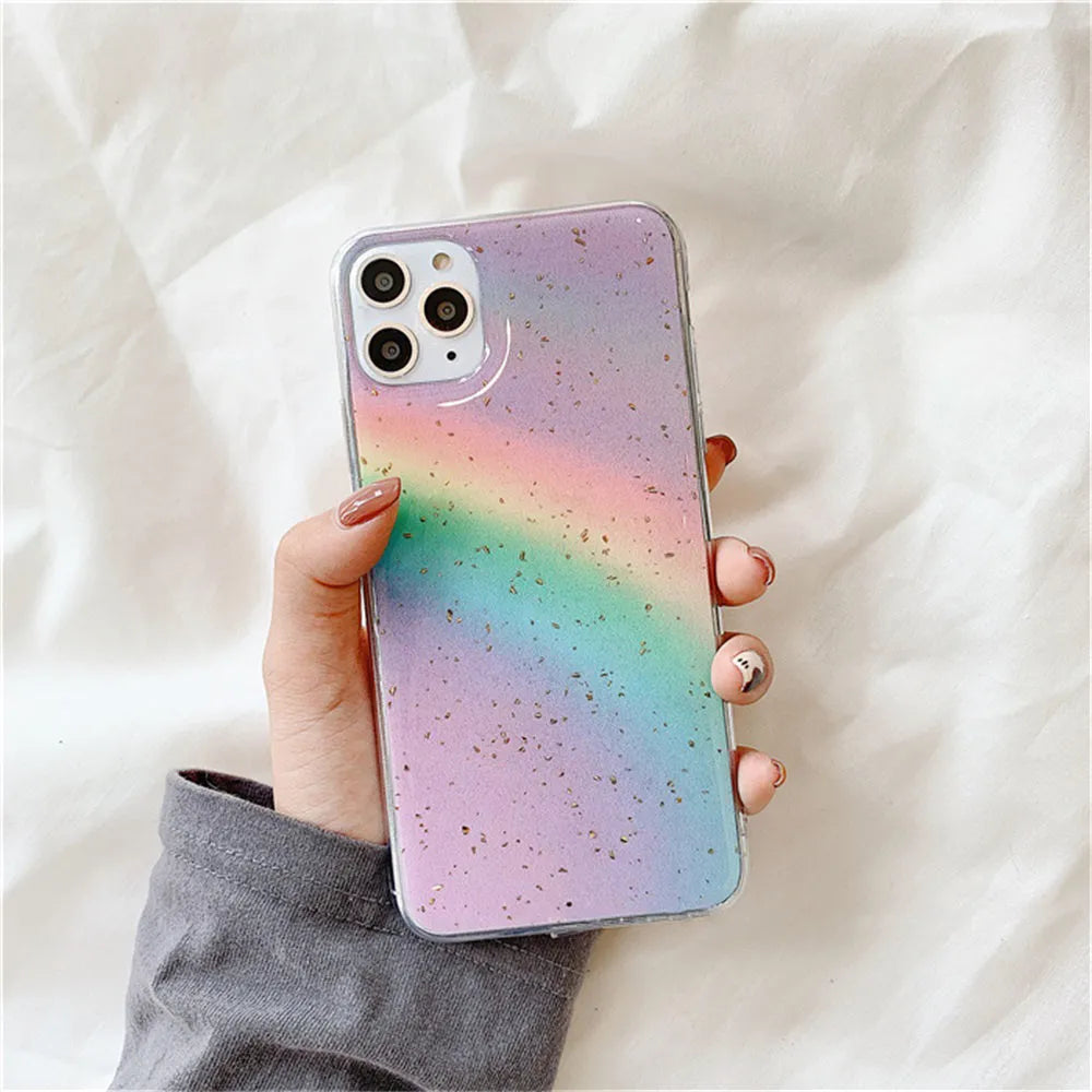 Rainbow gradient iPhone case with striped design for various models.