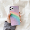 Rainbow gradient iPhone case with striped design for various models.