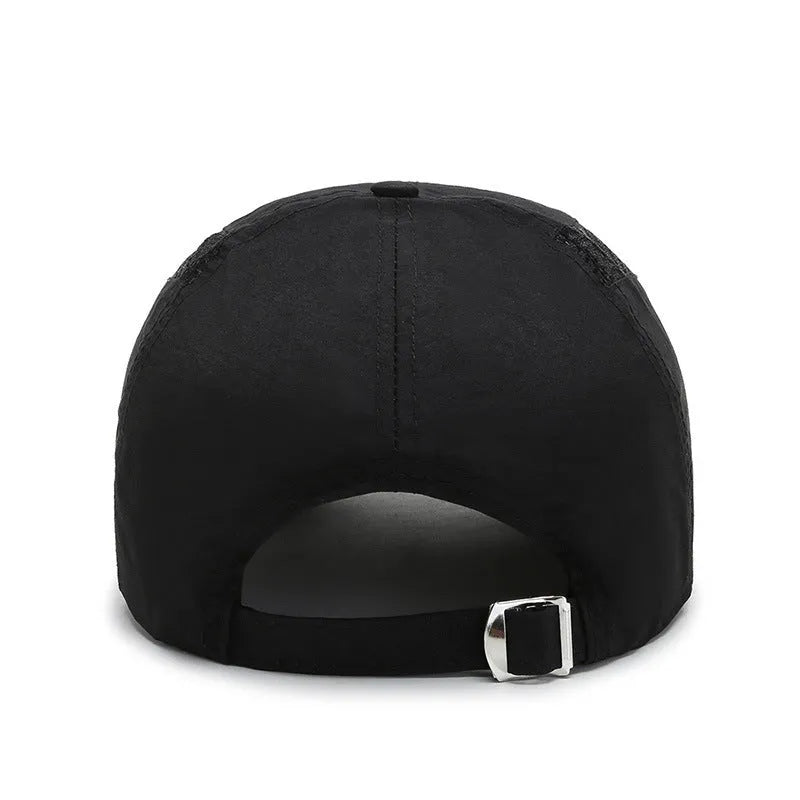 Outdoor quick-dry mesh baseball cap with 6.5cm brim in black, side view