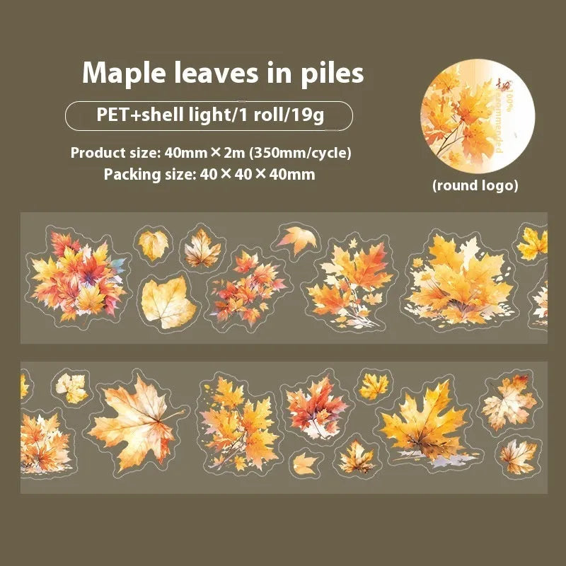 Deciduous Poetry Series PET decorative sticker roll showing six autumn leaf colour designs on 40mm wide material