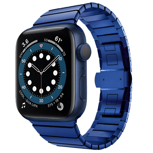 Stainless steel metal chain link strap with butterfly clasp for Apple Watch in silver colour.