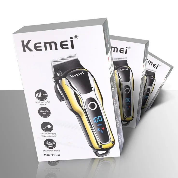 Professional rechargeable hair clipper with gold finish, guide combs, and lithium battery