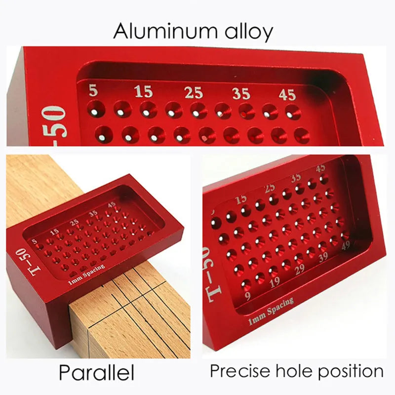 Red alloy steel T50 Mini Scribe woodworking ruler on a workbench for household marking