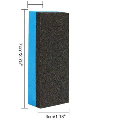 Automotive iron powder remover spray bottle with blue square sponge on car surface