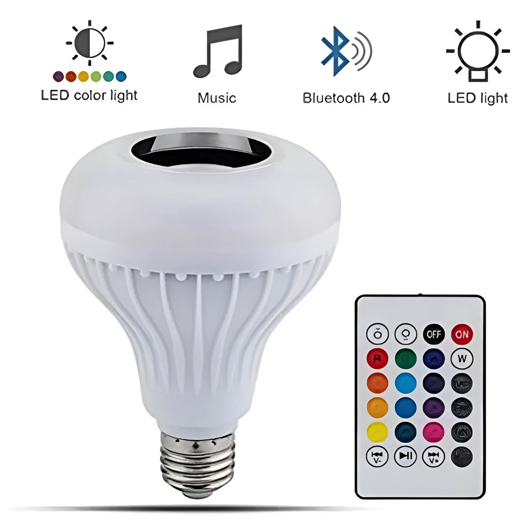 White E27 Bluetooth speaker light bulb with remote control for 16 colour options