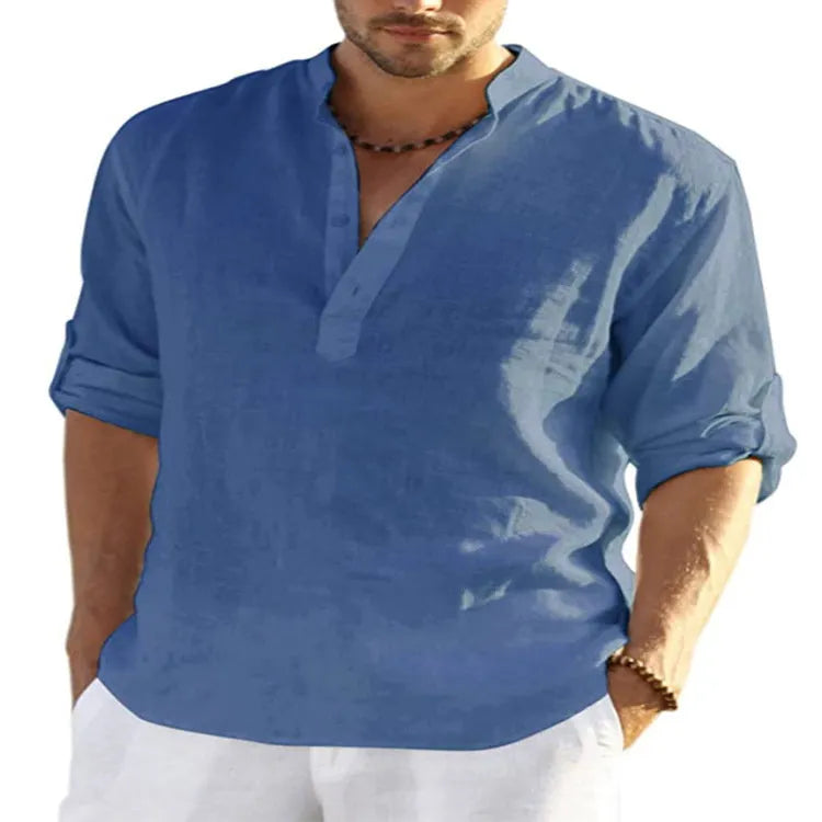Men's cotton linen shirt with stand collar and long sleeves in solid colour