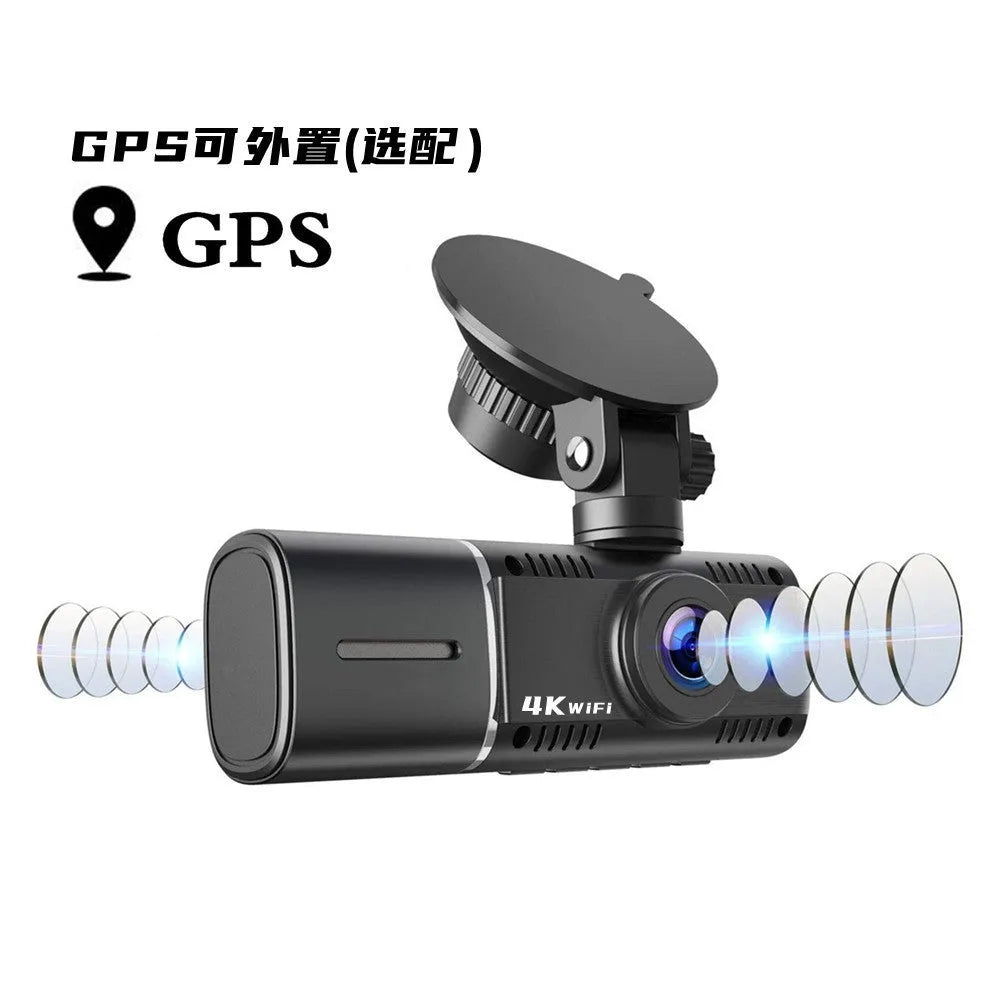 Standard black front and rear dash camera with 1.5-inch screen on a car windscreen.