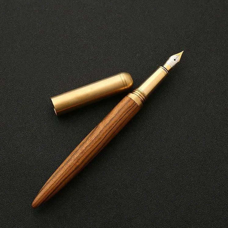 Business fountain pen with stainless steel nib and wooden body in rosewood finish on white background