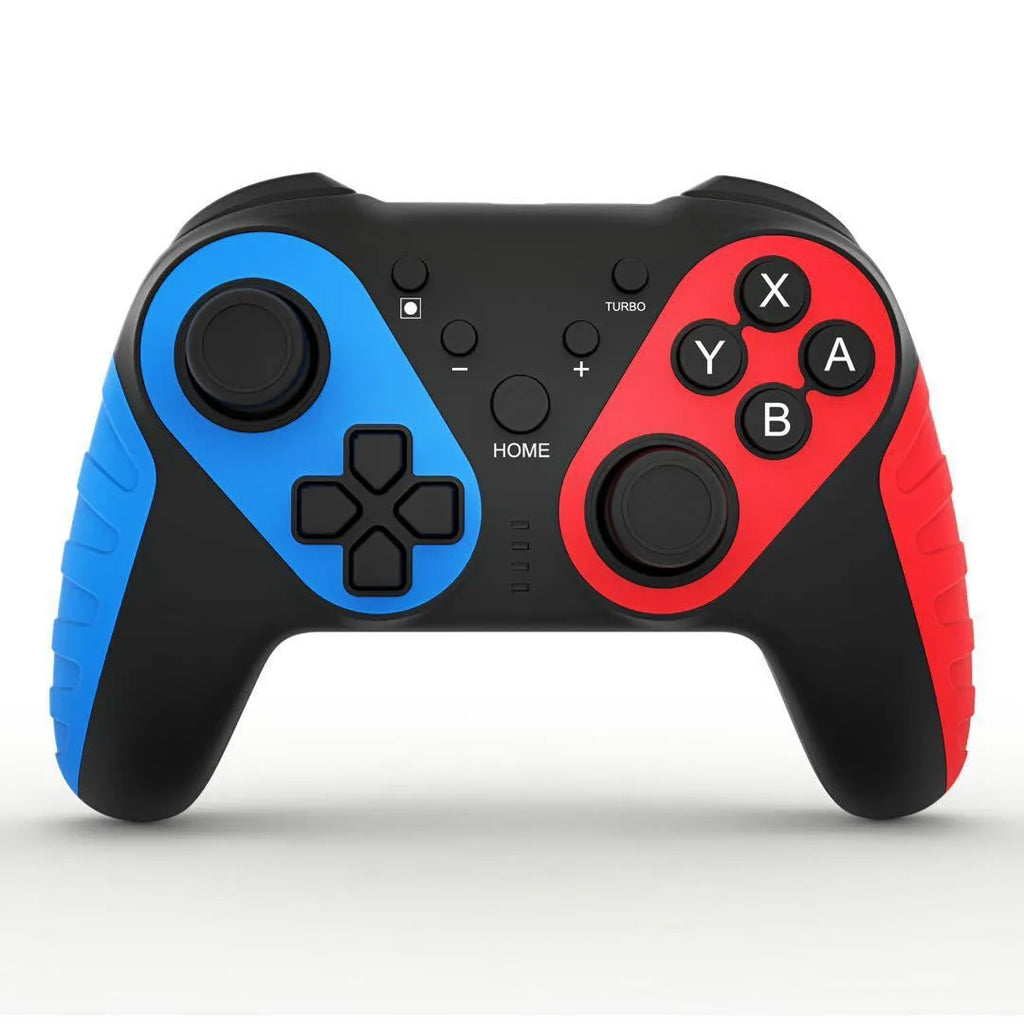Red and blue wireless Bluetooth game controller for Nintendo Switch and PC on a stand.