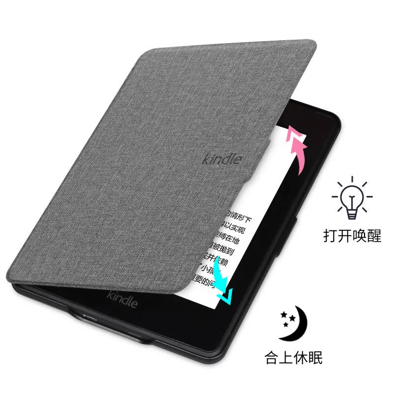 Linen leather textured hard case for Kindle Paperwhite in multiple colour options showing magnetic closure.