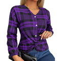 Women's purple plaid casual shirt with regular sleeves and loose fit design