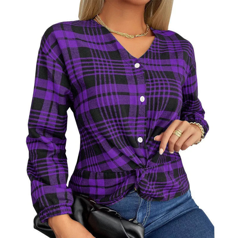 Women's purple plaid casual shirt with regular sleeves and loose fit design