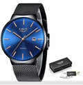Men's stainless steel watch with 40mm dial in black, blue, and black blue colour options.