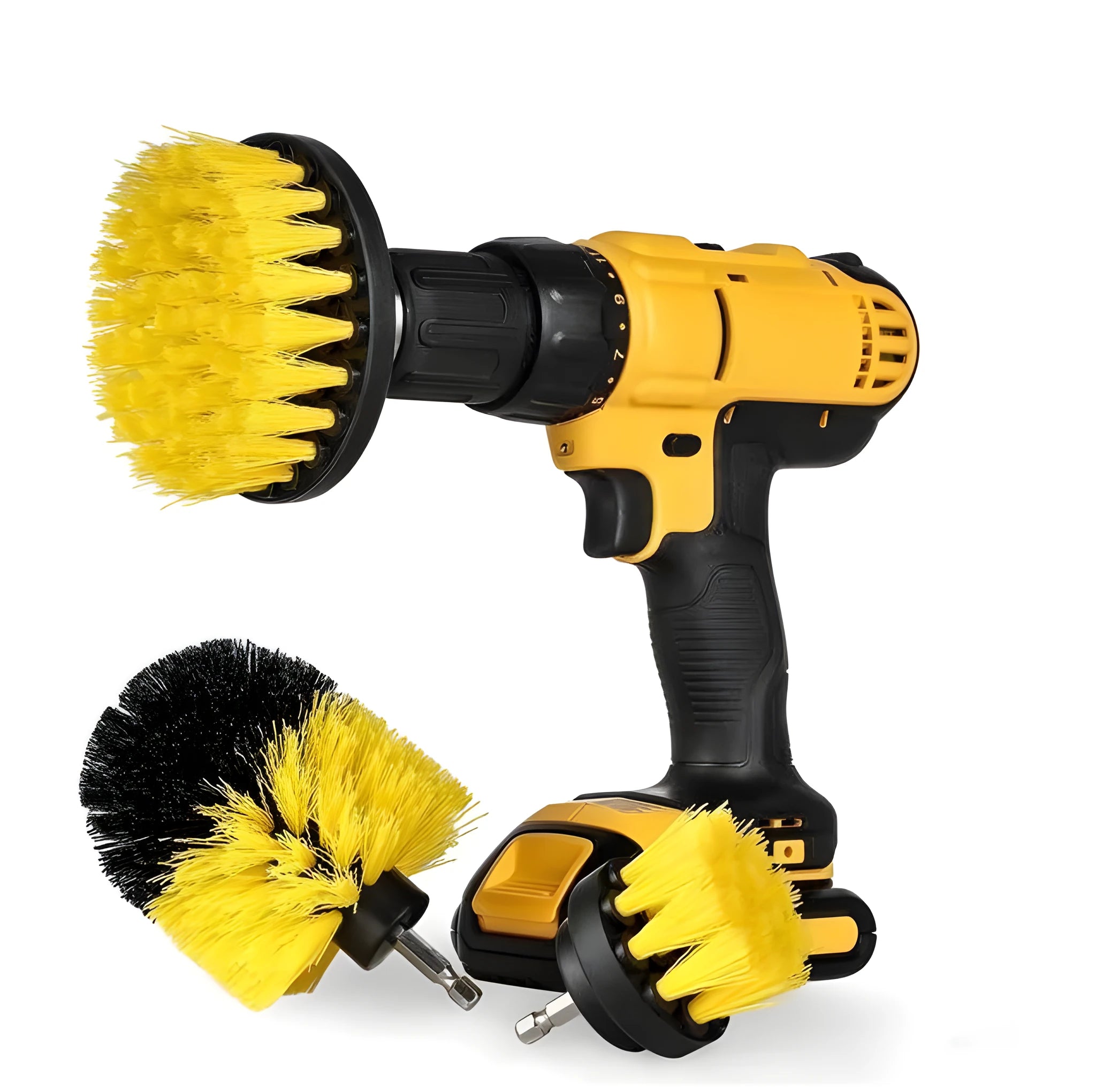 Multifunctional electric drill brush set with PP bristles, glass-fibre PP chassis, and S2 steel hex pole in multiple colours