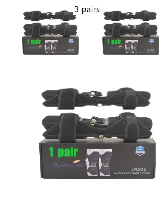 Black spring knee brace with adjustable straps on a grey background