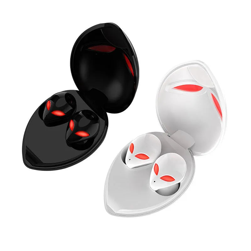 Starman T8 Alien design Bluetooth wireless earbuds with charging case showing coloured LED lighting effects