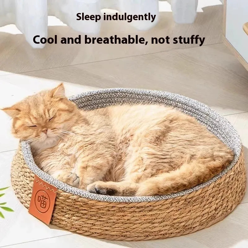 Rattan cat nest pet bed cage available in four size options for comfortable feline resting