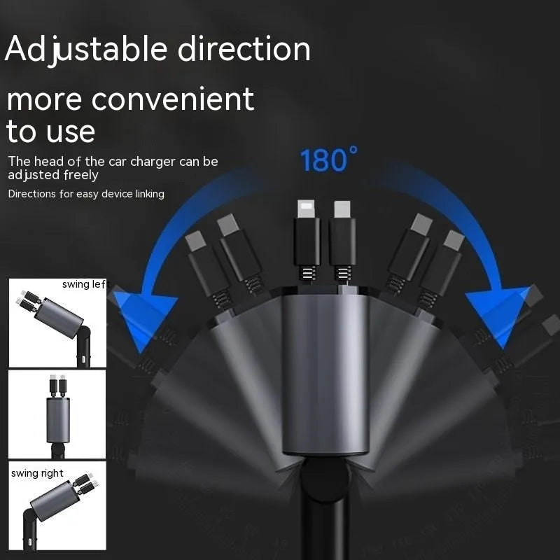 Automatic retractable 120W universal car charger with Type-C connectors for Apple and Huawei devices