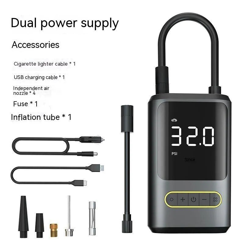 Handheld wireless digital display air pump with LED light and attached air hose
