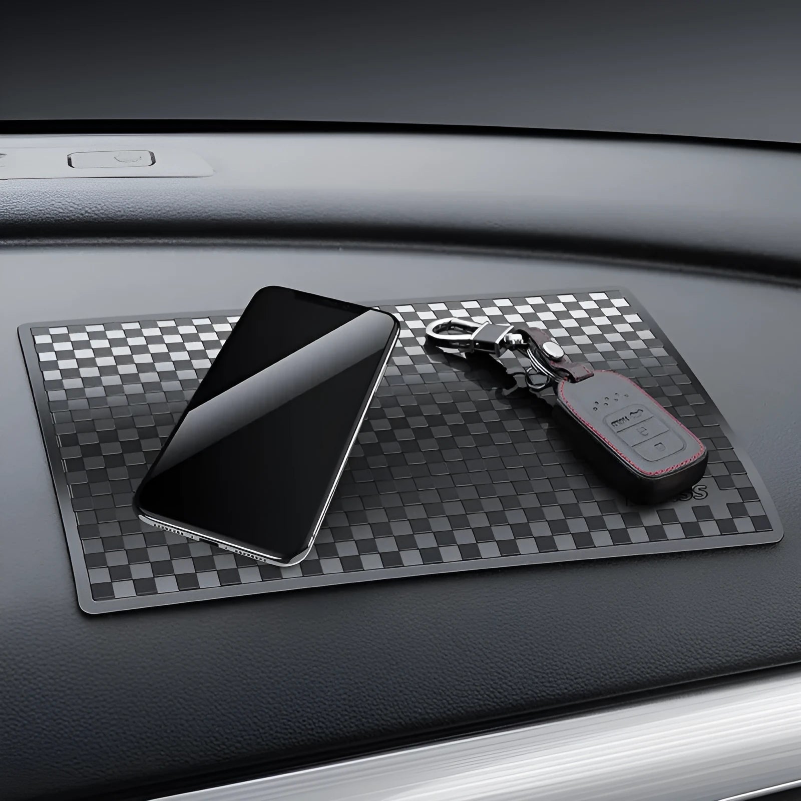 PU car dashboard anti-slip pad for mobile phone in Classic Black, showing textured surface and fit on instrument panel