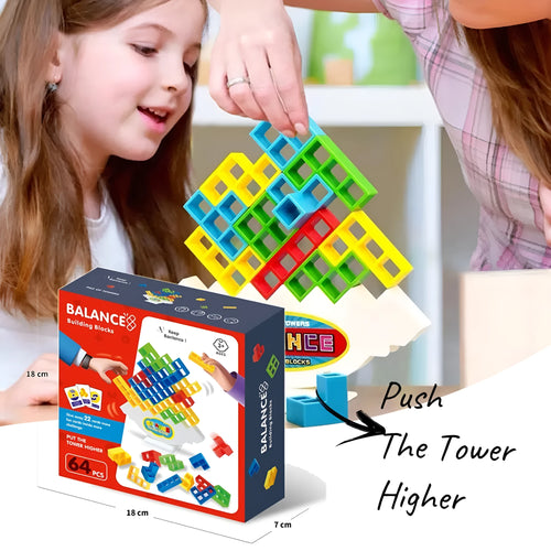 Balance stacking game with 16 plastic building blocks, chassis, and base on a table