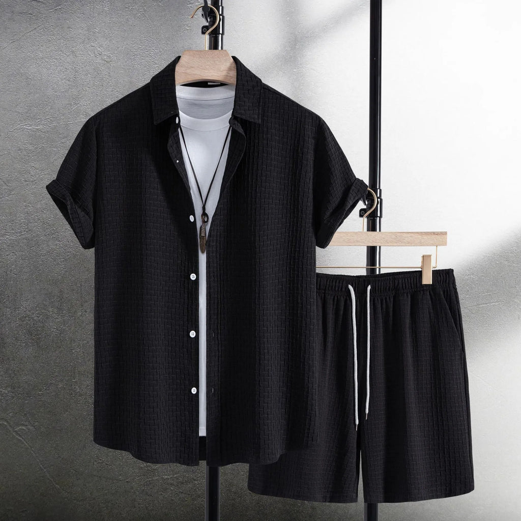 Men's black cotton blend short sleeve shirt and matching shorts summer leisure suit