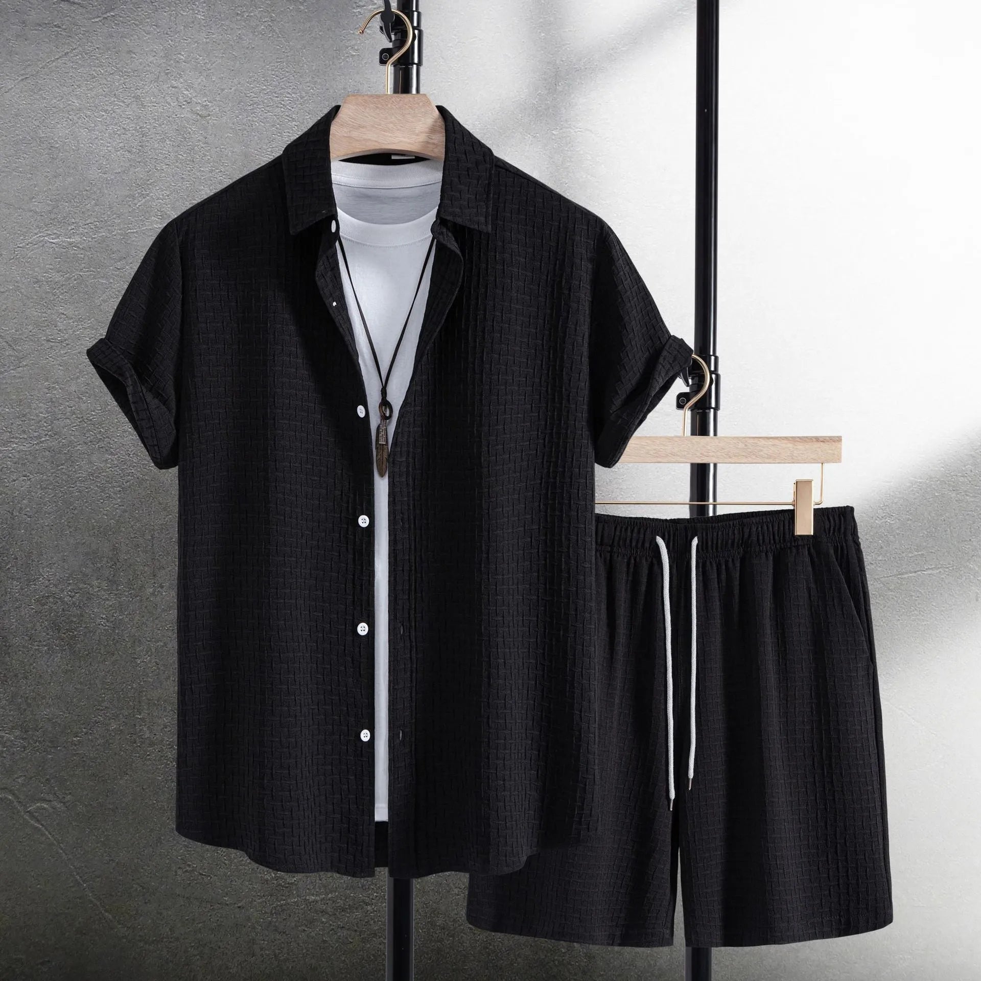 Men's black cotton blend short sleeve shirt and matching shorts summer leisure suit