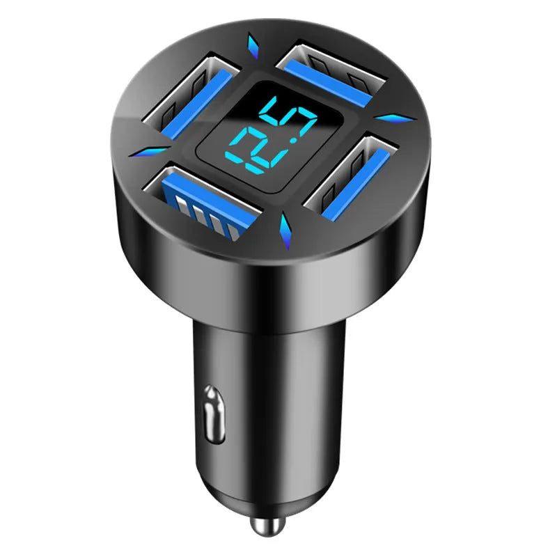 Four-port USB car charger with LED digital display showing compact black design