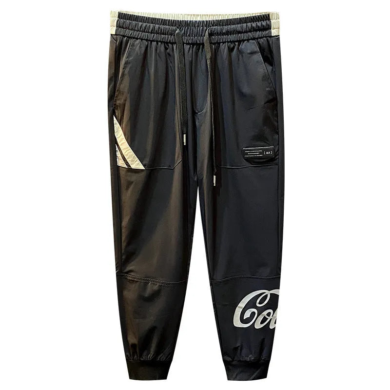 Black men's casual cropped trousers with banded ankle, made from ultra-thin ice silk cotton fabric.