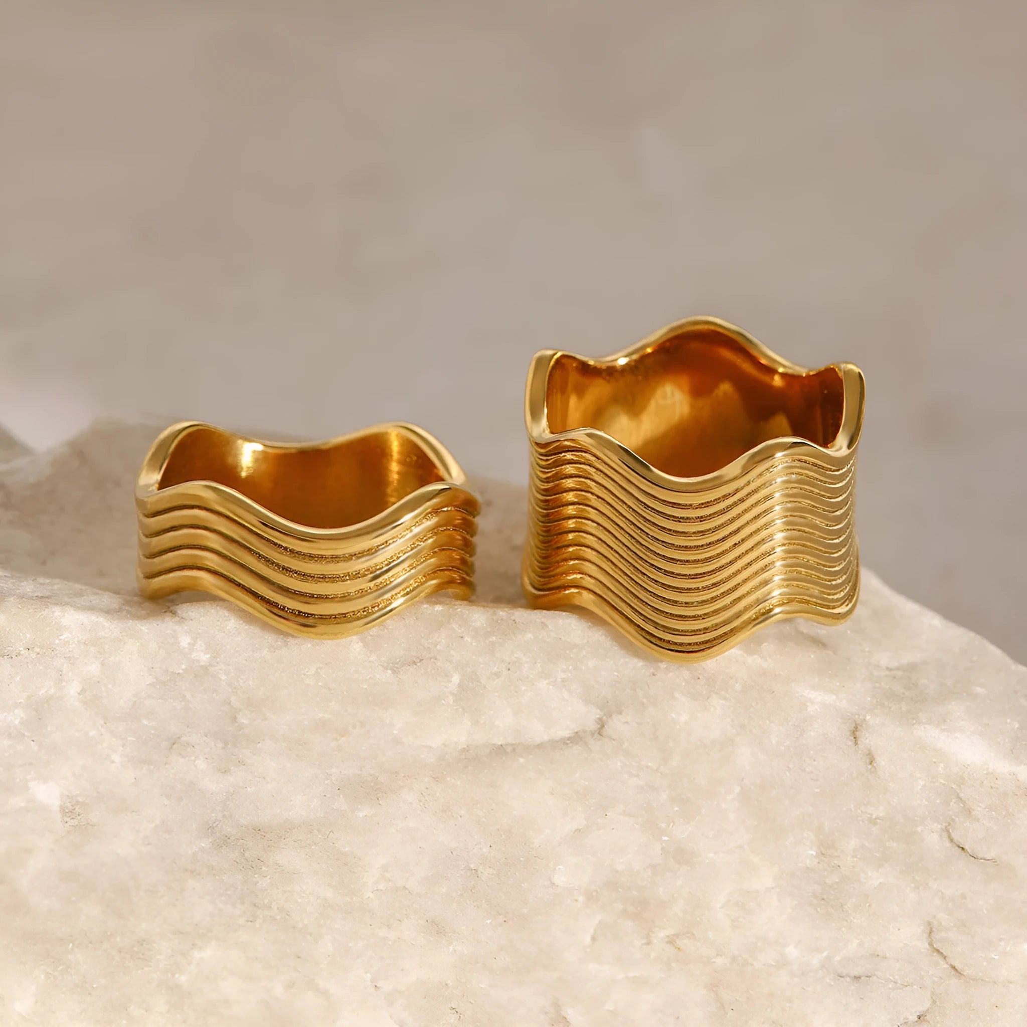 Geometric wave design stainless steel ring with wide surface and electroplated finish