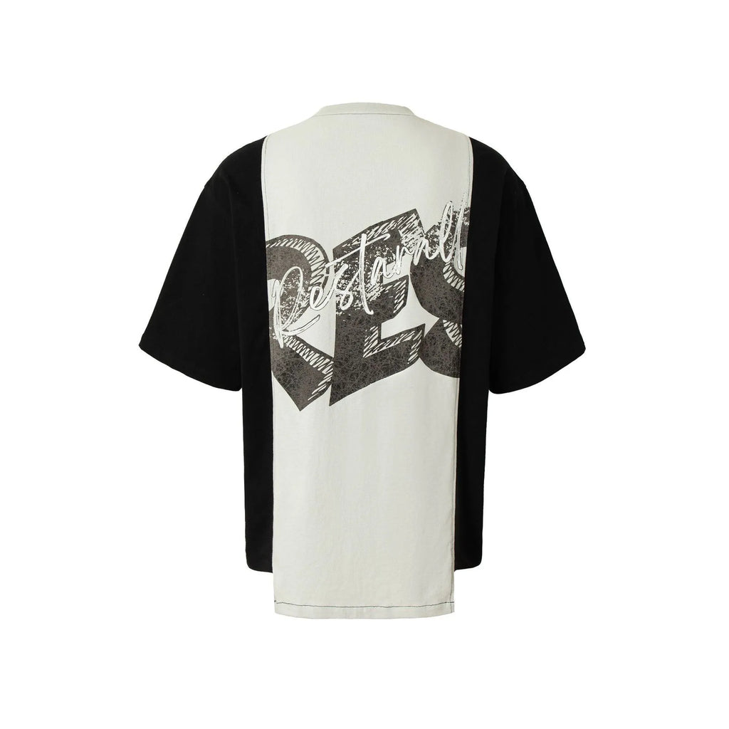 Men's black and white deconstruction print loose fit T-shirt on hanger