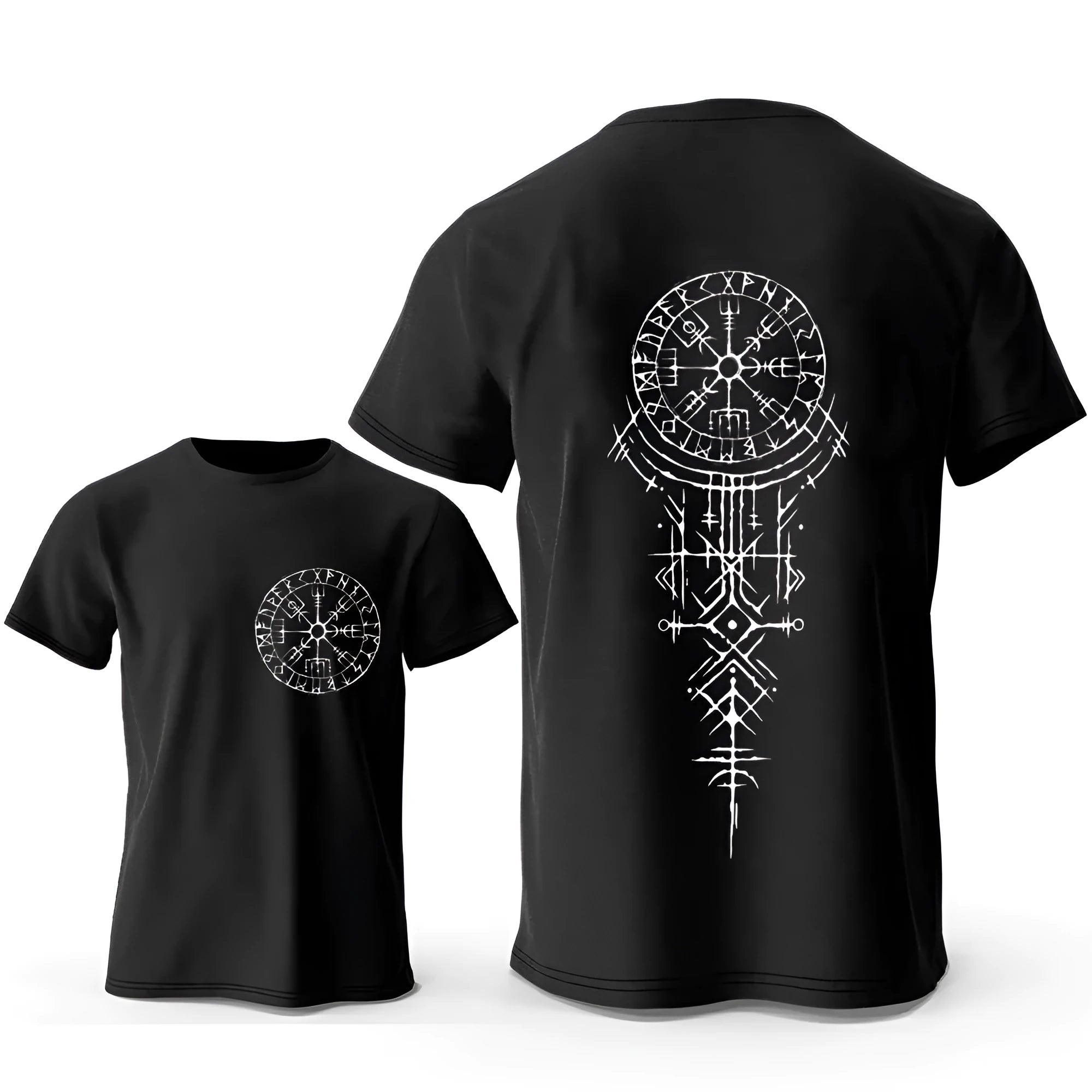 A man's grey T-shirt with a detailed Viking rune and compass graphic printed on the chest.