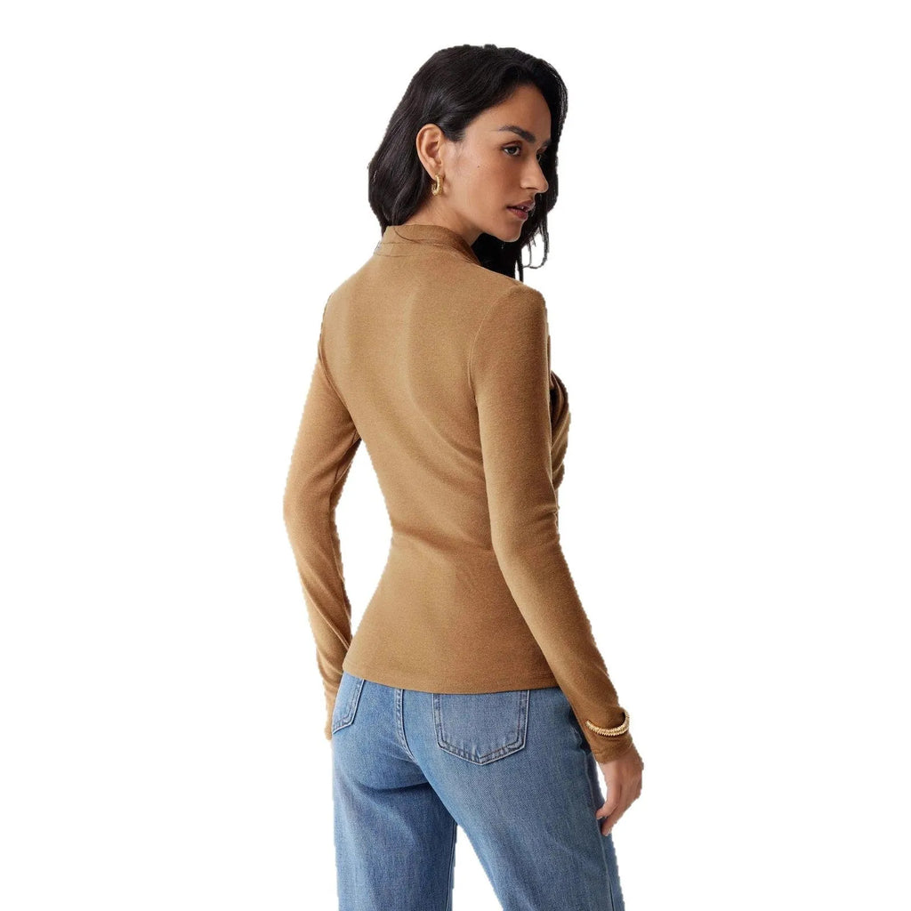 Camel colour women's slim fit polyester pullover sweater with long sleeves