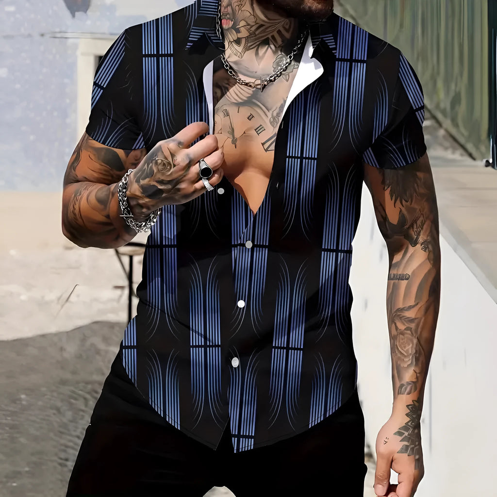Men's slim fit short sleeve shirt featuring a geometric line style print on a polyester fabric.