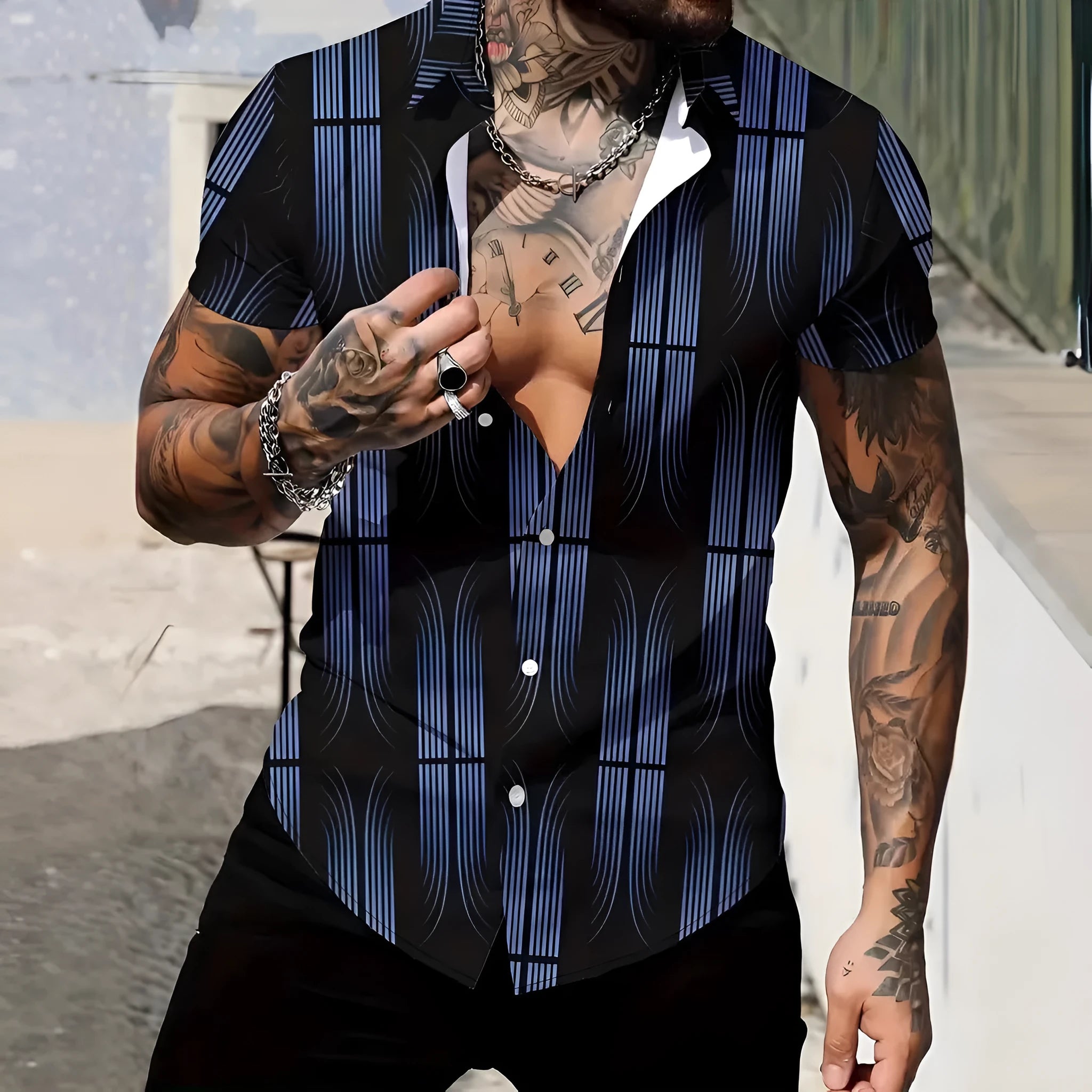 Men's slim fit short sleeve shirt featuring a geometric line style print on a polyester fabric.