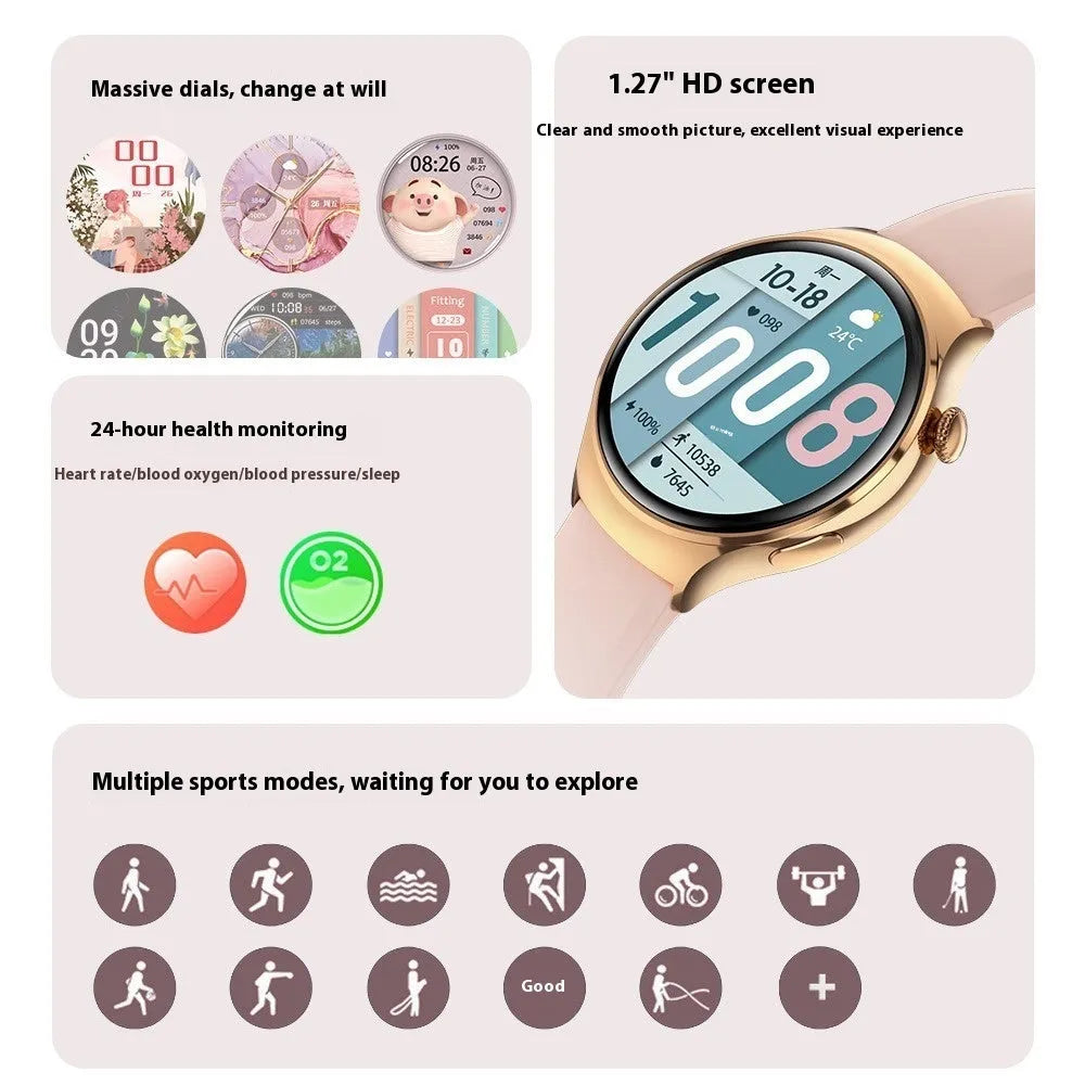 Smart watch with Bluetooth calling women's health tracker gold shell pink silicone strap TFT screen