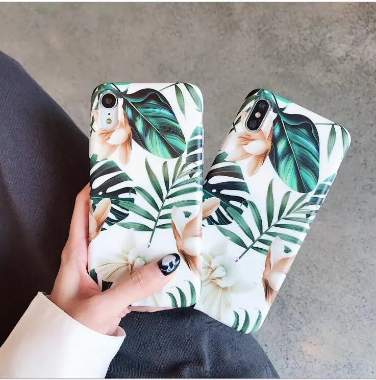 Floral banana leaf art design on a soft TPU phone case for iPhone models.