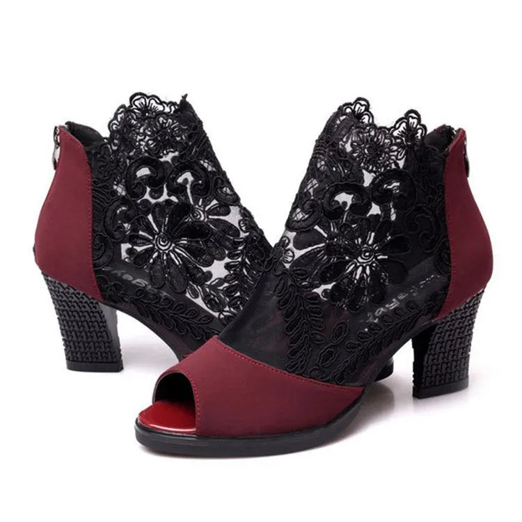 Lucyever women's black lace gladiator sandals with a square high heel, peep toe, and zip closure