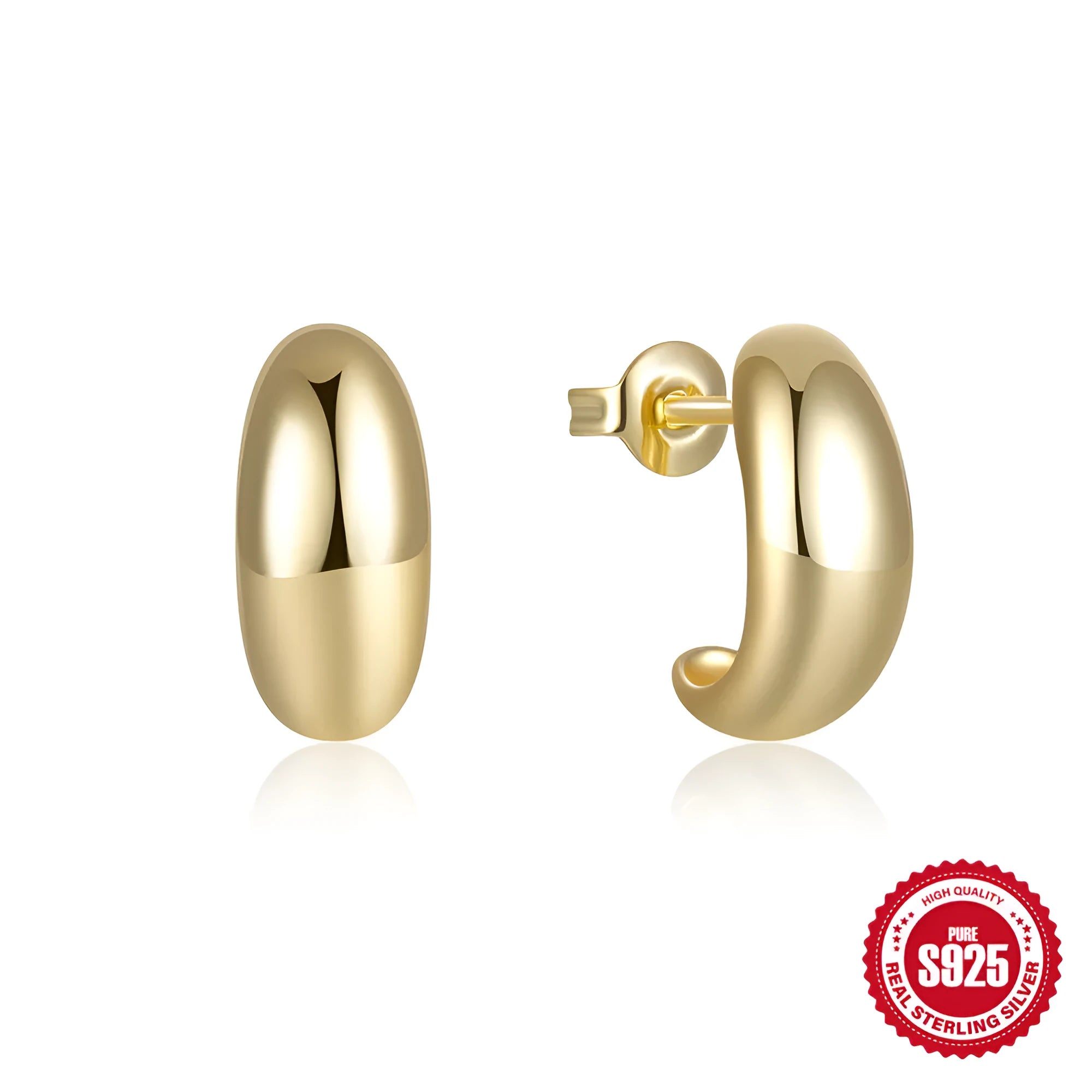 C-shaped sterling silver ringstud earring with electroplated gold or white gold glossy finish