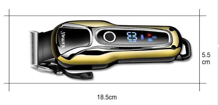 Professional rechargeable hair clipper with gold finish, guide combs, and lithium battery