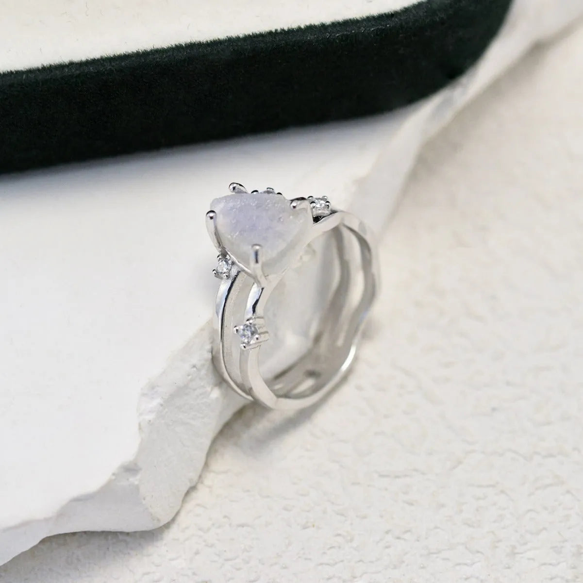 S925 sterling silver geometric triangle moonstone ring showing rose gold, white gold and yellow gold electroplated finish options.