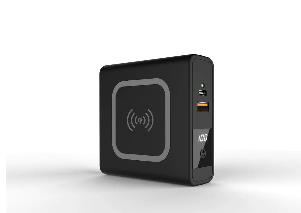 Black and white portable power bank with PD20W fast charging, wireless function, and built-in international plug adapters.