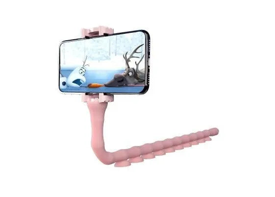 Flexible black rubber phone holder with suction cup wrapped around a bicycle handlebar, showing a phone mounted at an angle.