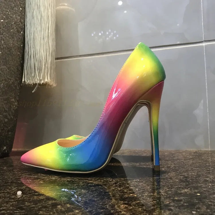 Rainbow coloured patent leather pointed toe high heels with thin ultra-high heel.