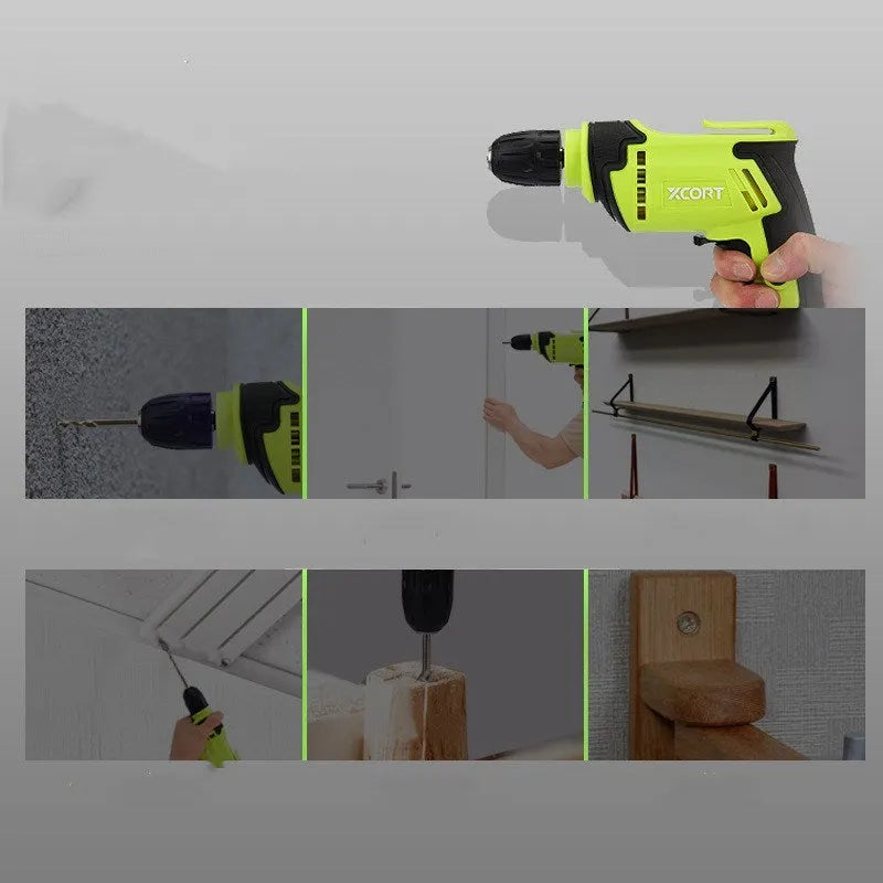 Pistol grip high-power 450W electric drill with a 10mm chuck on a workbench.