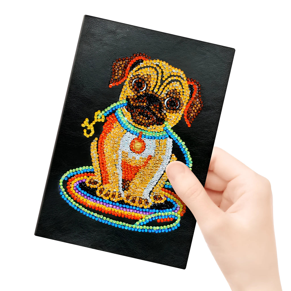 Black A5 diamond painting notebook showing dimensions and 50 blank pages for custom craft projects