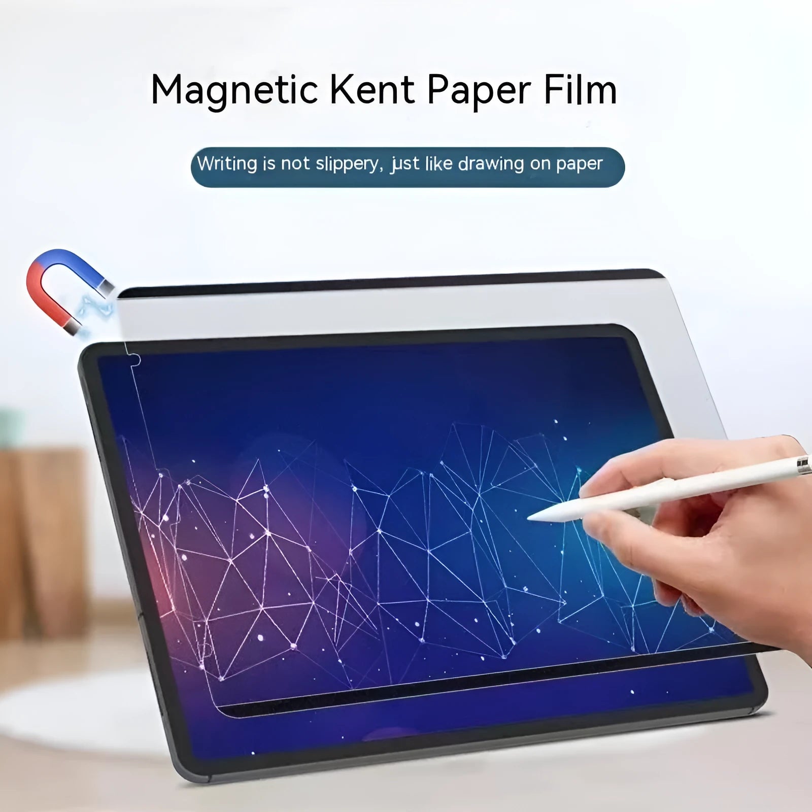 Magnetic detachable iPad drawing film with scraper tool on colour box packaging.